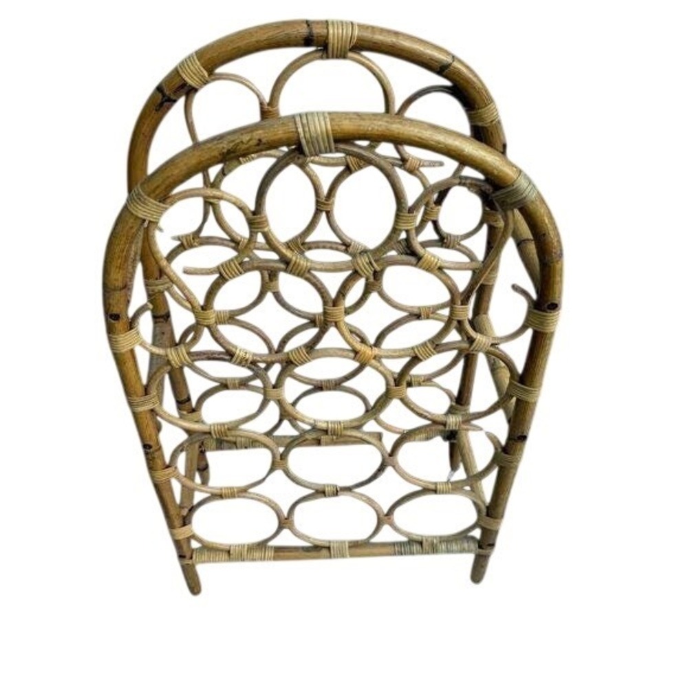 Vintage Bamboo Rattan Wine Rack 12 Bottle Natural Brown Boho Arched Standing